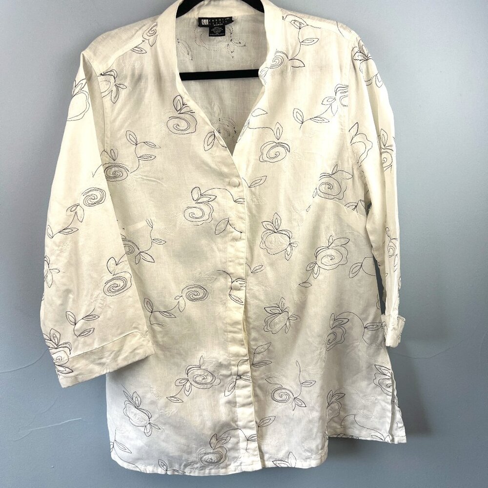 Carole Little White‎ Linen Embroidered Tunic Blouse Top Size 1X Mandarin Collar